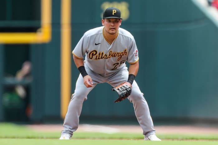 Pittsburgh Pirates first baseman Yoshi Tsutsugo prepares for the pitch against the Cincinnati Reds in the second inning at Great American Ball Park. (2022)
